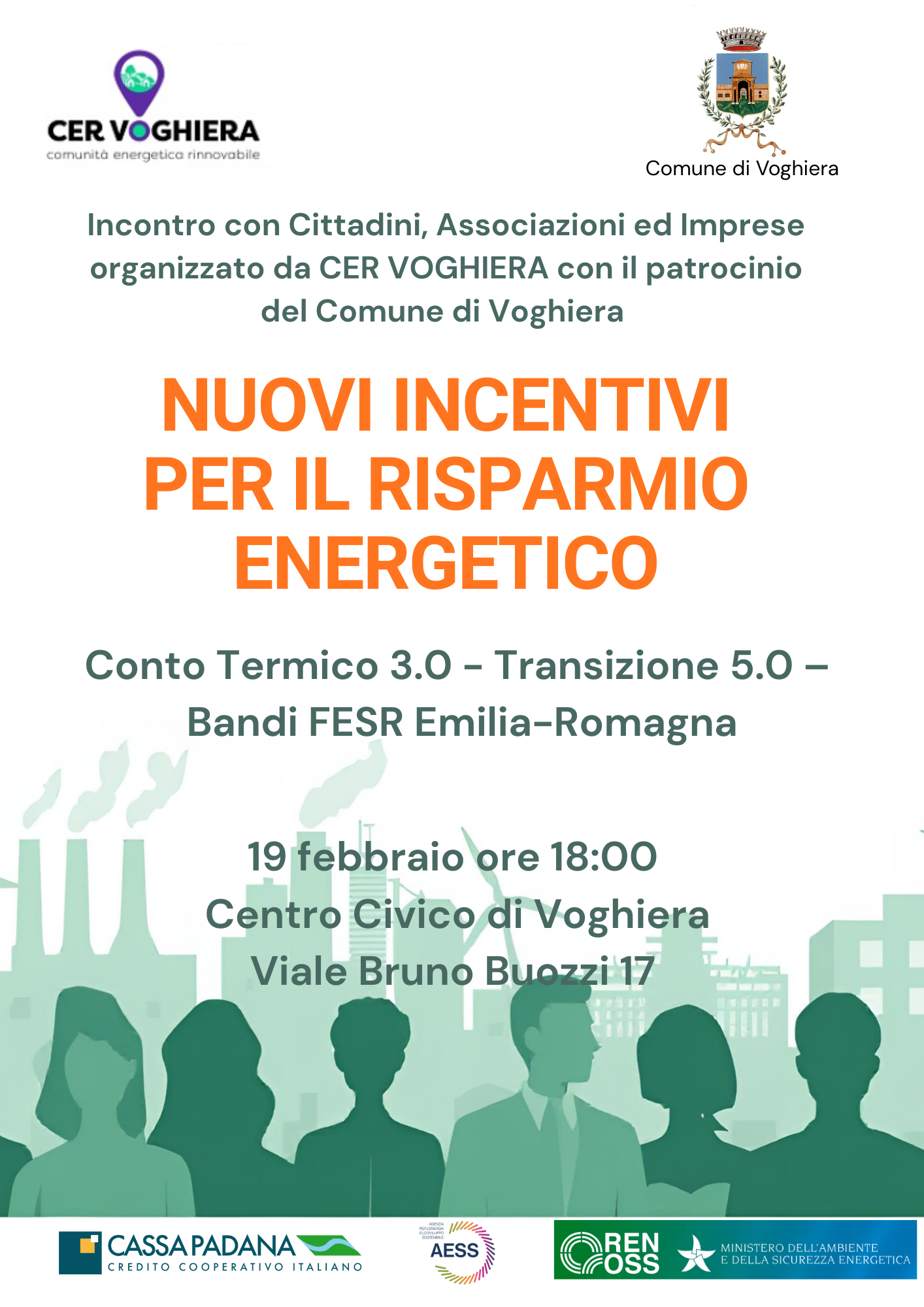 Godere di una compensazione fino al 65% delle spese fatte per  diminuire stabilmente la tua bolletta energetica, ti interessa? Vieni all'incontro di Giovedì 19 febbraio alle 18:00 presso il Centro Civico di Voghiera